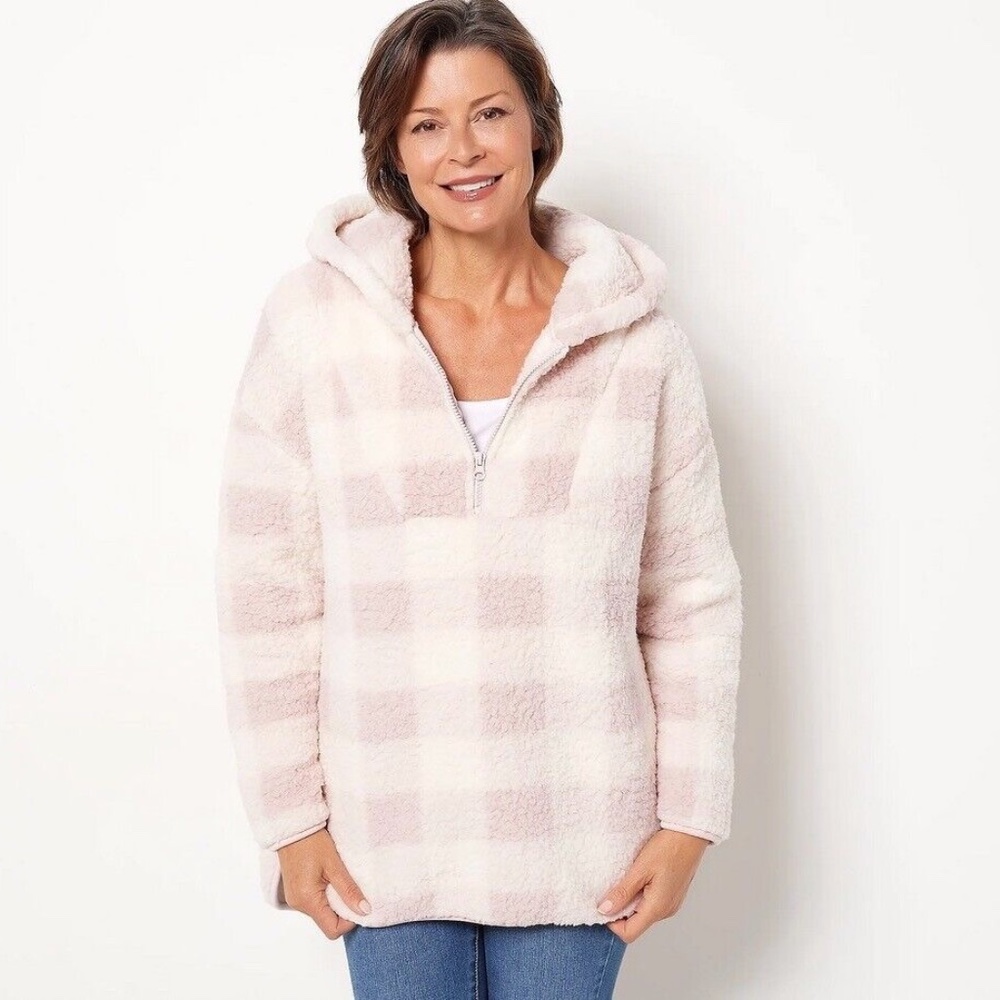 G.I.L.I. HI-LOW Hooded Plaid Pullover Soft Pink / Ivory - Size Small *NEW*